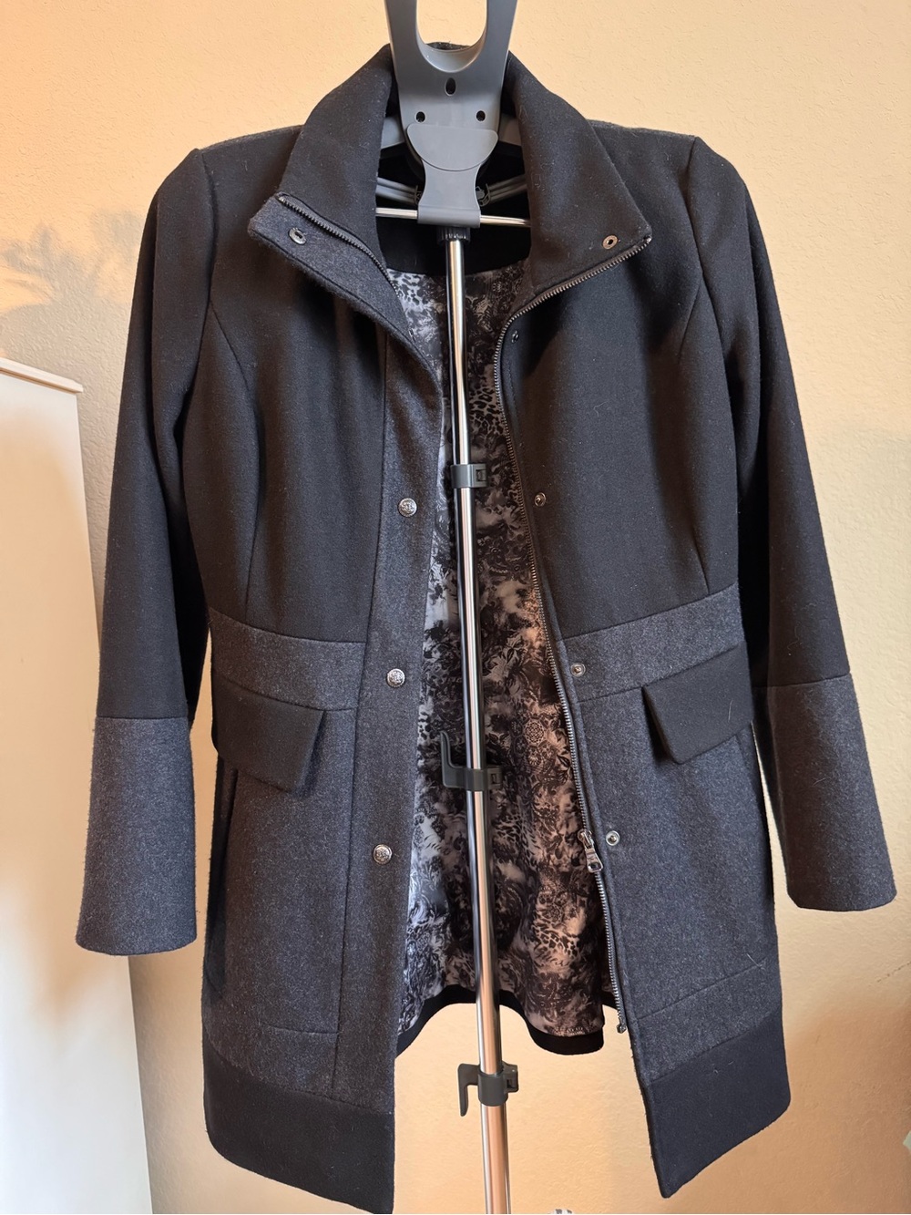 Guess Black Long Peacoat with Dark Gray Panels